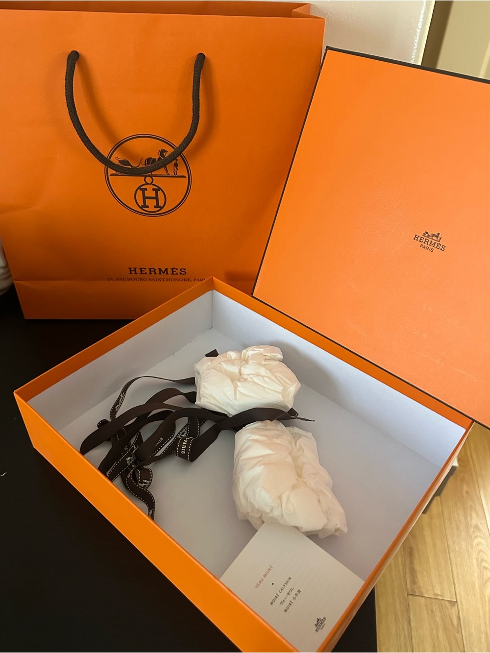 Hermes Bag and Shoe Box with Dark Brown Ribbon
